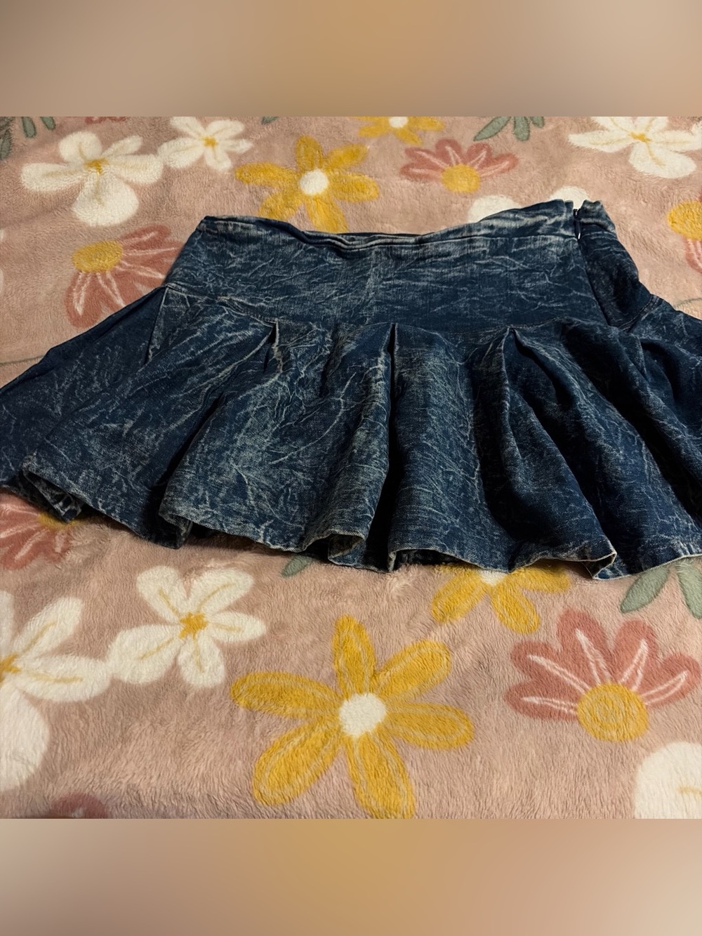 Crinkled Denim Circle Skirt - Blue